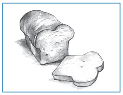 Drawing of a loaf of bread and a slice of bread.