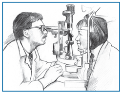 Drawing of an ophthalmologist examining a patient’s eyes using a machine.