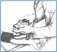 Drawing of a doctor in a white coat checking a patient’s blood pressure with a blood pressure cuff on the patient’s arm. The doctor and patient’s faces are not shown.
